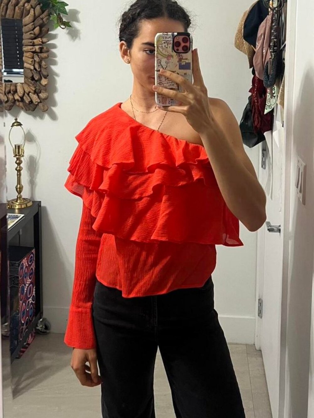 Orange one shoulder ruffle blouse